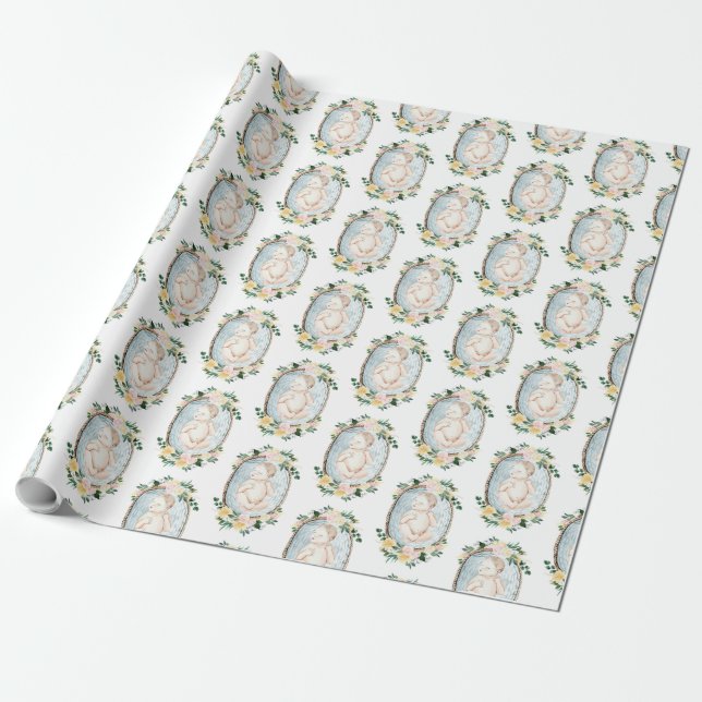 Adorable Newborn Blue Floral Baby Shower Wrapping Paper (Unrolled)