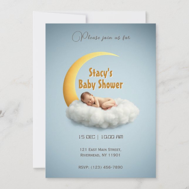 Adorable Newborn Sleeping on Crescent Moon Invitation (Front)