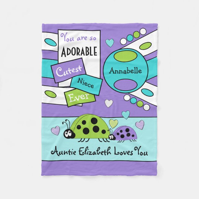 Adorable niece ladybugs love hearts purple green fleece blanket (Front)