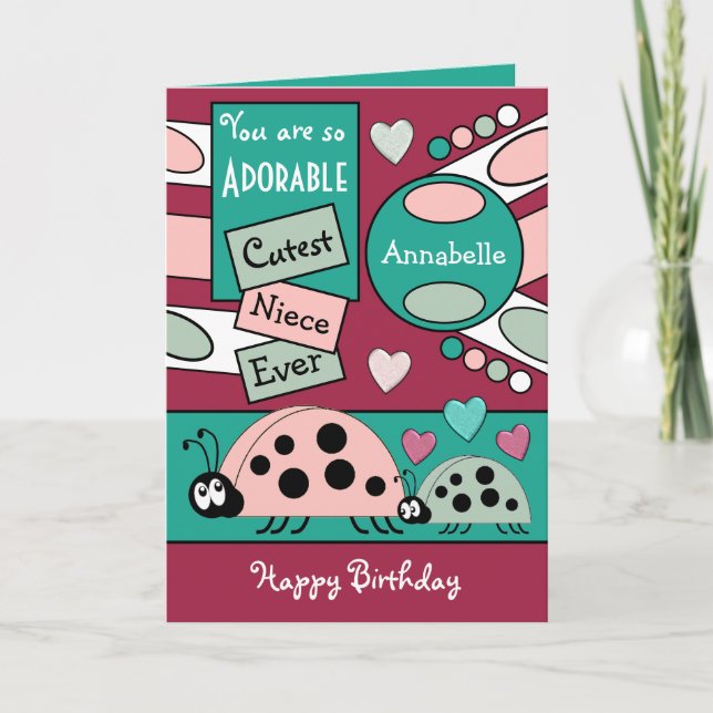 Adorable niece ladybugs special girl green pink card (Front)