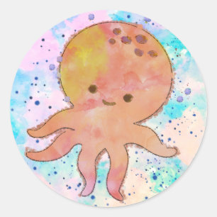 Adorable Octopus Cartoon Watercolor Classic Round Sticker
