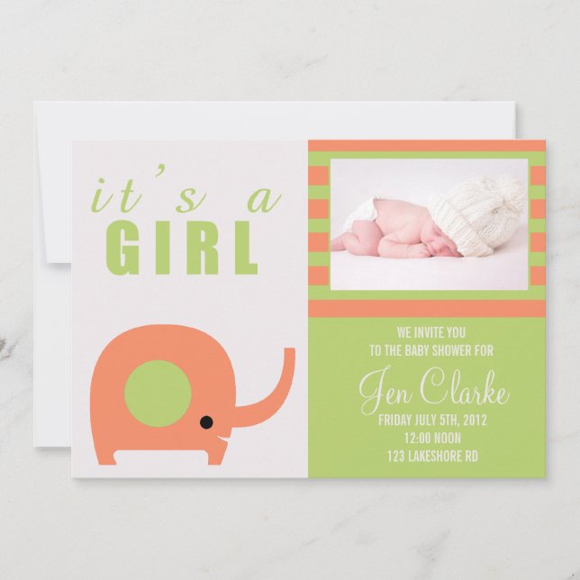 Adorable Orange Elephant Baby Shower Invitation (Front)