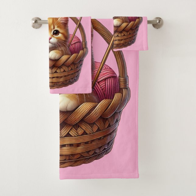 Adorable Orange Kitten in Basket With Yarn Bath Towel Set (Insitu)