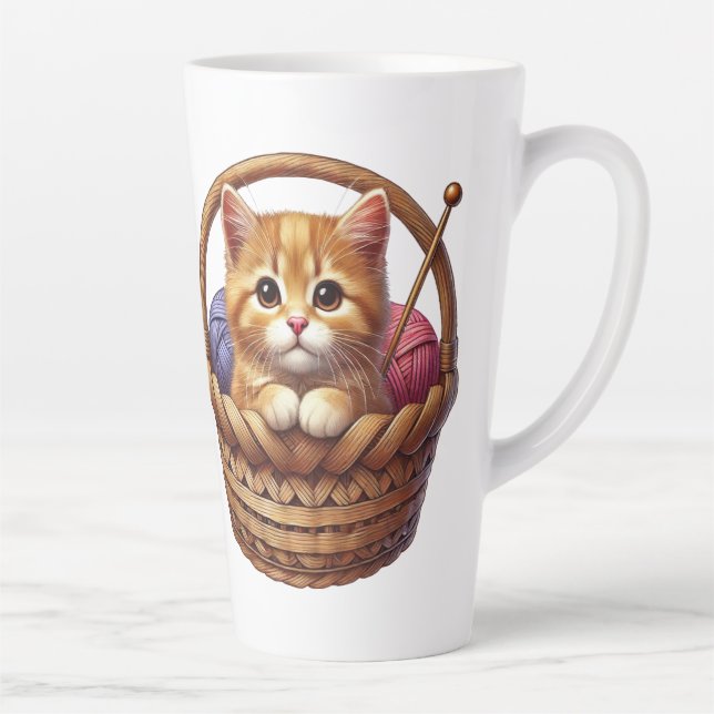 Adorable Orange Kitten in Basket With Yarn Latte Mug (Right)