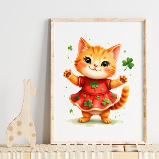 Adorable Orange Kitten in Shamrock Dress Poster