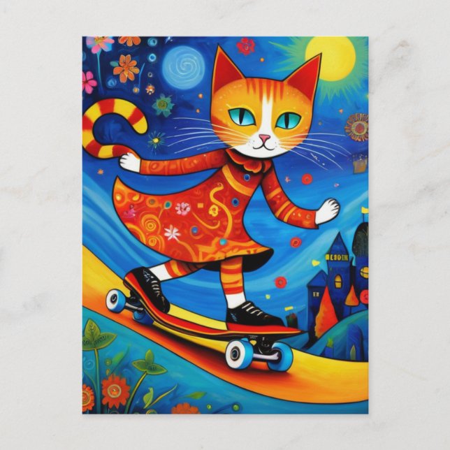 Adorable Orange Kitty in a Dress Skateboarding Postcard (Front)