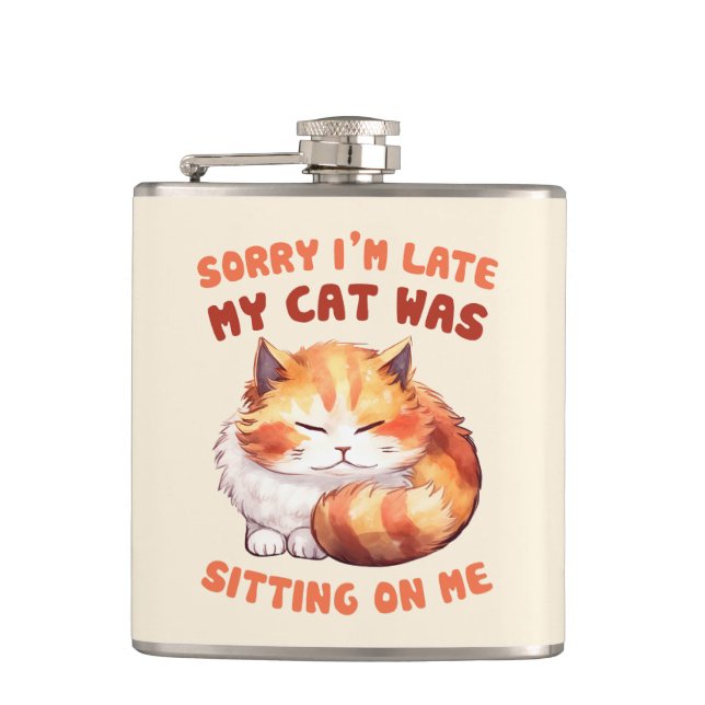 Adorable Orange Tabby Cat- Sorry I'm Late Hip Flask (Front)