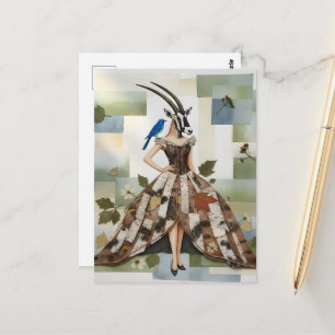 Adorable oryx in birch bark dress with bluebird postcard