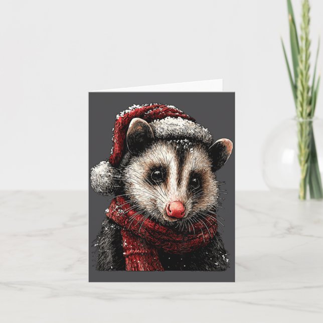 Adorable Ossum In Santa Hat Snowy Winter Christmas Card (Front)