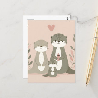 Adorable Otter Boho Mum Dad and Baby Pink Postcard