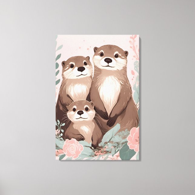 Adorable Otter Boho Pink Rose Mum Dad and Baby Canvas Print (Front)