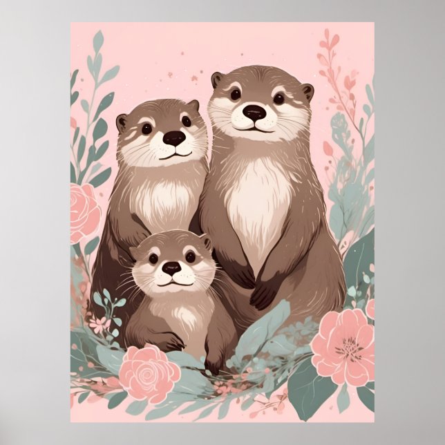 Adorable Otter Boho Pink Rose Mum Dad and Baby Poster (Front)