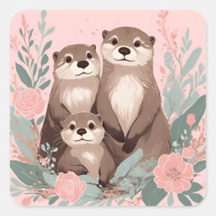 Adorable Otter Boho Pink Rose Mum Dad and Baby Square Sticker