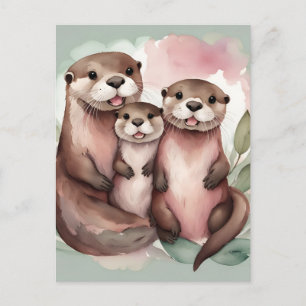 Adorable Otter Family Watercolor Postcard