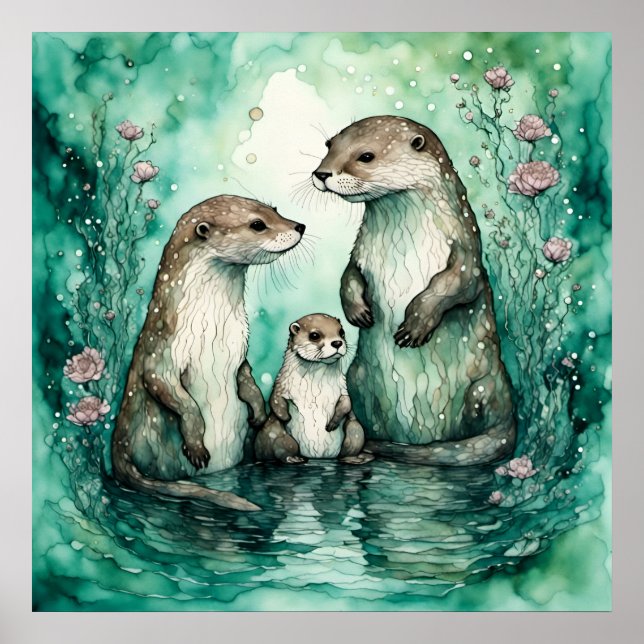 Adorable Otter Family With Baby Otter Poster (Front)