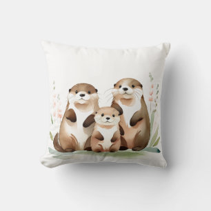 Adorable Otter Family With Flowers Cushion