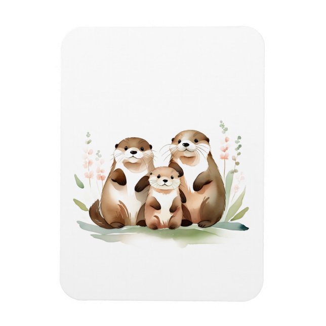 Adorable Otter Family With Flowers Magnet (Vertical)