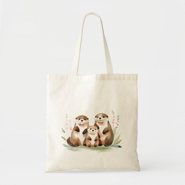 Adorable Otter Family With Flowers Tote Bag (Front)