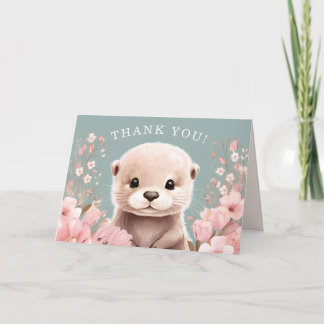Adorable Otter Girl Baby Shower Sage & Pink Floral Thank You Card