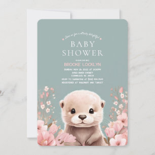 Adorable Otter Girl Baby Shower with Pink Flowers  Invitation