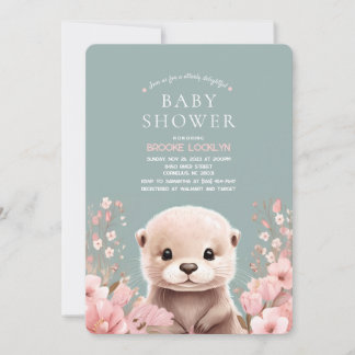 Adorable Otter Girl Baby Shower with Pink Flowers Invitation