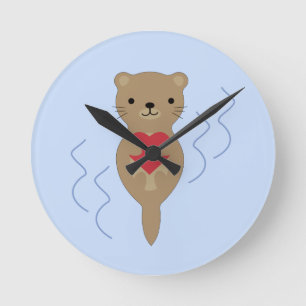 Adorable Otter Hugging a Heart Round Clock