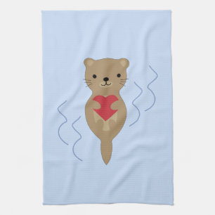 Adorable Otter Hugging a Heart Tea Towel