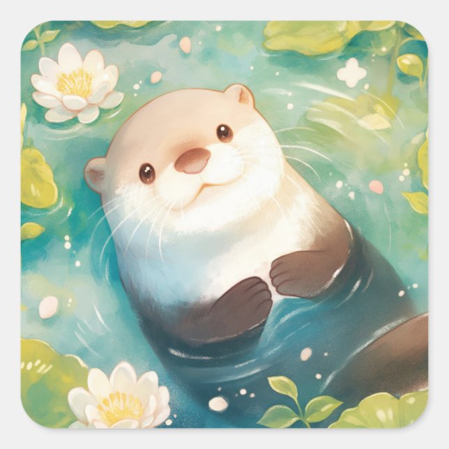 Adorable Otter Sticker with Water Lilies (Front)