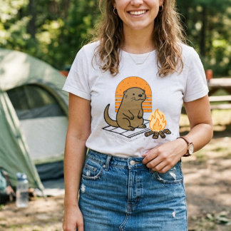 Adorable otter with campfire illustration camping Tri-Blend shirt
