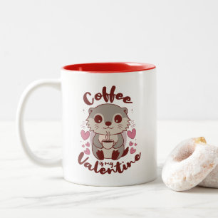 Adorable otter with coffee and pink hearts Two-Tone coffee mug