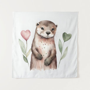 Adorable Otter With Heart Plants Tapestry