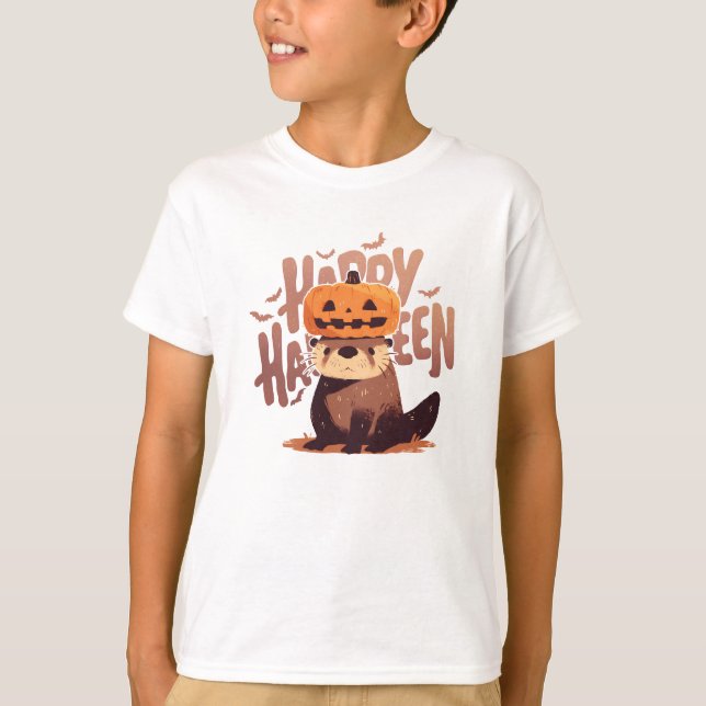 Adorable Otter with Pumpkin Hat – Happy Halloween T-Shirt (Front)