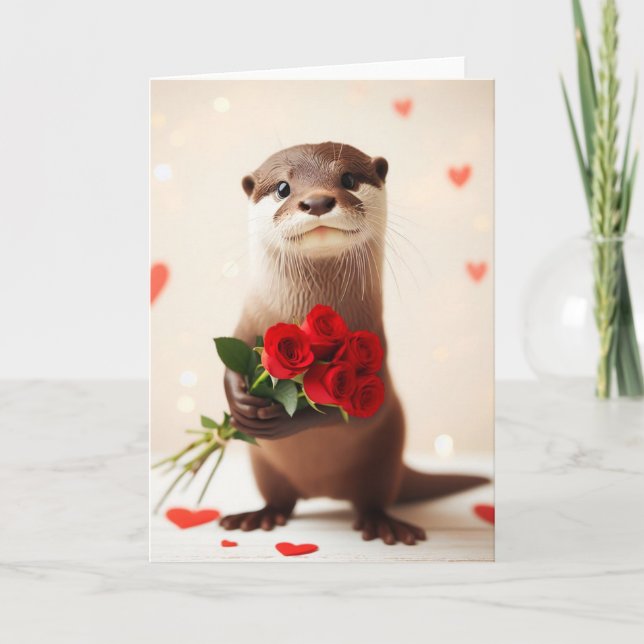 Adorable Otter With Red Roses Card (Front)