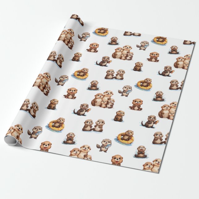 Adorable Otters! Wrapping Paper (Unrolled)