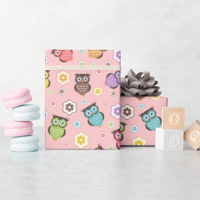 Adorable Owl and Floral Design Wrapping Paper (Baby Shower)