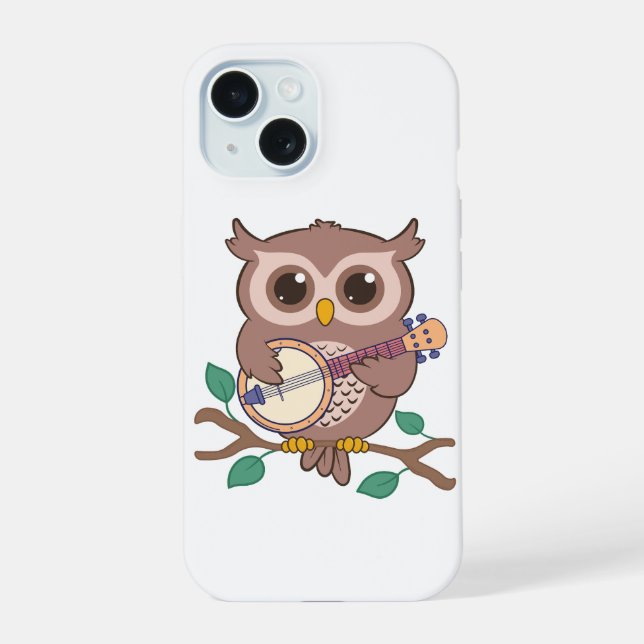 Adorable Owl Bird Playing Banjo Cartoon iPhone 15 Case (Back)
