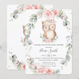 Adorable Owl Pink Floral Greenery Baby Shower  Invitation