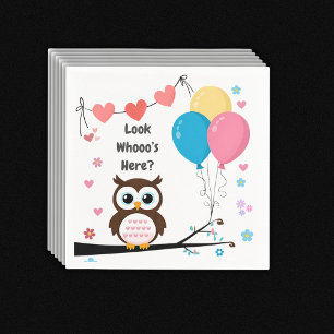 Adorable Owl with Balloons & Hearts Baby Shower Napkin