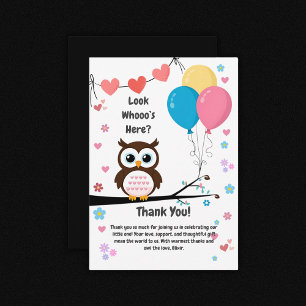 Adorable Owl with Balloons & Hearts Baby Shower Thank You Card