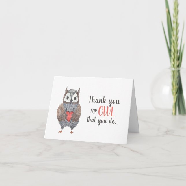 Adorable Owl with Heart Thank You Appreciation Card (Front)