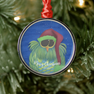 Adorable Owl with Santa Hat Metal Ornament