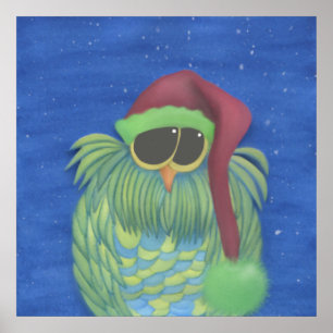 Adorable Owl with Santa Hat Poster
