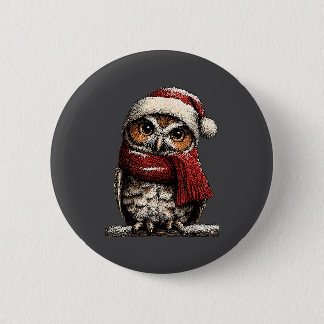 Adorable Owl With Santa Hat Snowy Winter Christmas 6 Cm Round Badge (Front)