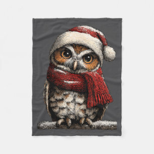 Adorable Owl With Santa Hat Snowy Winter Christmas Fleece Blanket