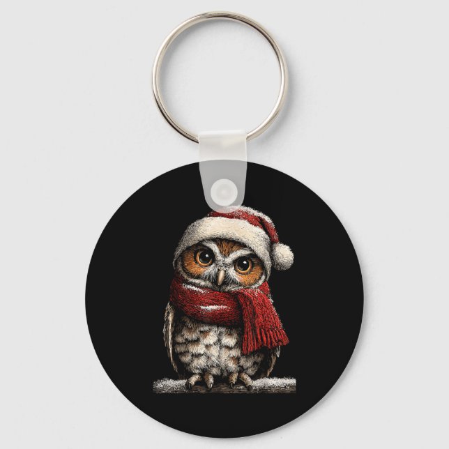 Adorable Owl With Santa Hat Snowy Winter Christmas Key Ring (Front)