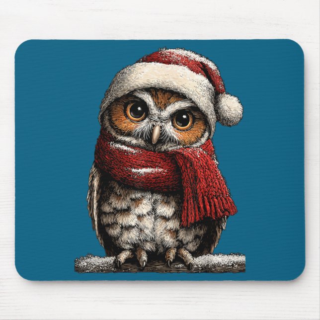 Adorable Owl With Santa Hat Snowy Winter Christmas Mouse Mat (Front)