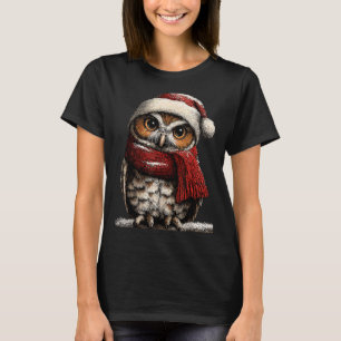 Adorable Owl With Santa Hat Snowy Winter Christmas T-Shirt
