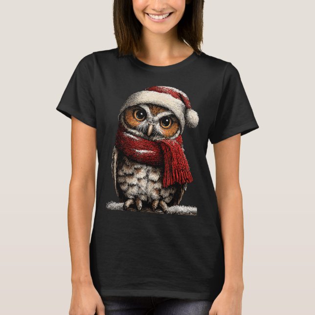 Adorable Owl With Santa Hat Snowy Winter Christmas T-Shirt (Front)