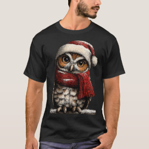 Adorable Owl With Santa Hat Snowy Winter Christmas T-Shirt