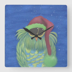 Adorable Owl with Santa Hat Square Wall Clock